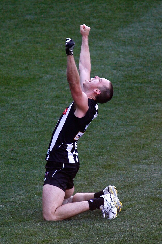 AFL 2010 Toyota Grand Final Replay - Collingwood v St Kilda Nick Maxwell of Collingwood celebrates after the final siren the 2010 Toyota AFL Grand Final replay between the Collingwood Magpies and the St Kilda Saints at the MCG, Melbourne.